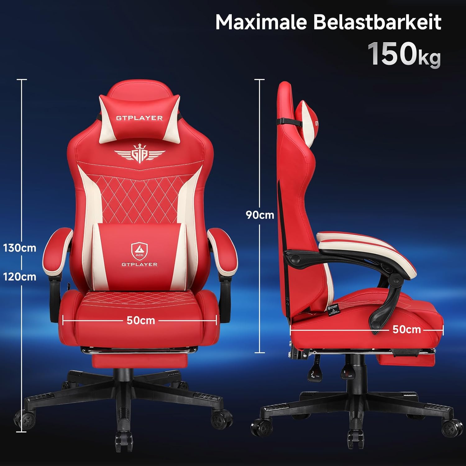 Gaming Chairs - GTPLAYER Gaming Chair, Ergonomic Gamer Chair Made of PU Leather with Lumbar Support, PC Chair with Widened Backrest, Maximum Load 150 kg, Red – Bild 3