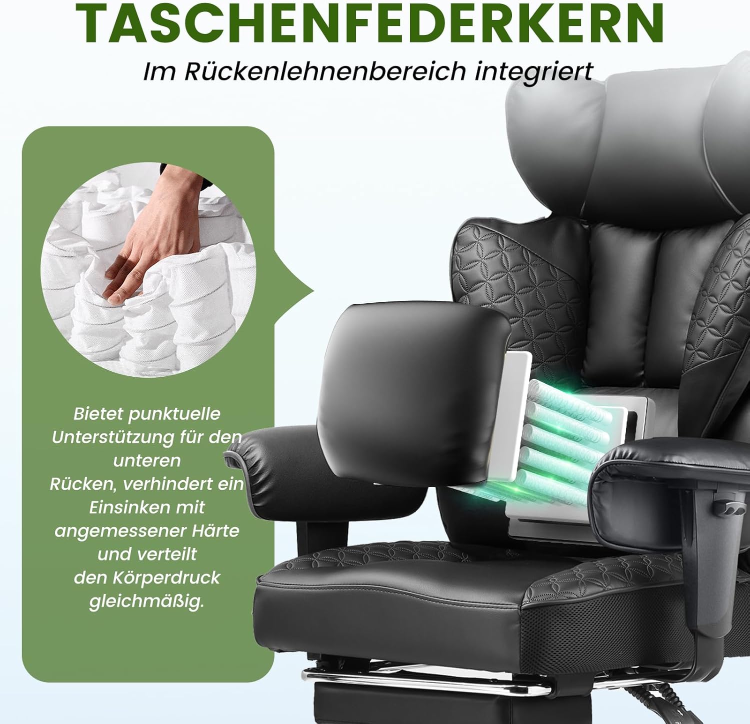 Gaming Chairs - COMHOMA Gaming Chair, Ergonomic Office Chair, Desk Chair with Adjustable Armrests, Pocket Spring Lumbar Support for Large and Tall People, 150 kg, Wide Seat, Jet Black – Bild 4