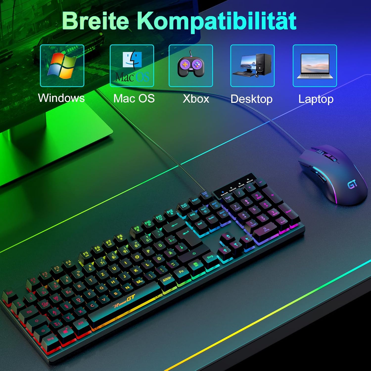 Gaming Tastatur & Maus - Mouse and Keyboard Gaming Office, RaceGT Keyboard Cable RGB Illuminated LED Backlight Waterproof 104 Keys Cable Mouse with 7 Buttons 6400 DPI for PC Gamer Laptop QWERTZ (German Layout) – Bild 6