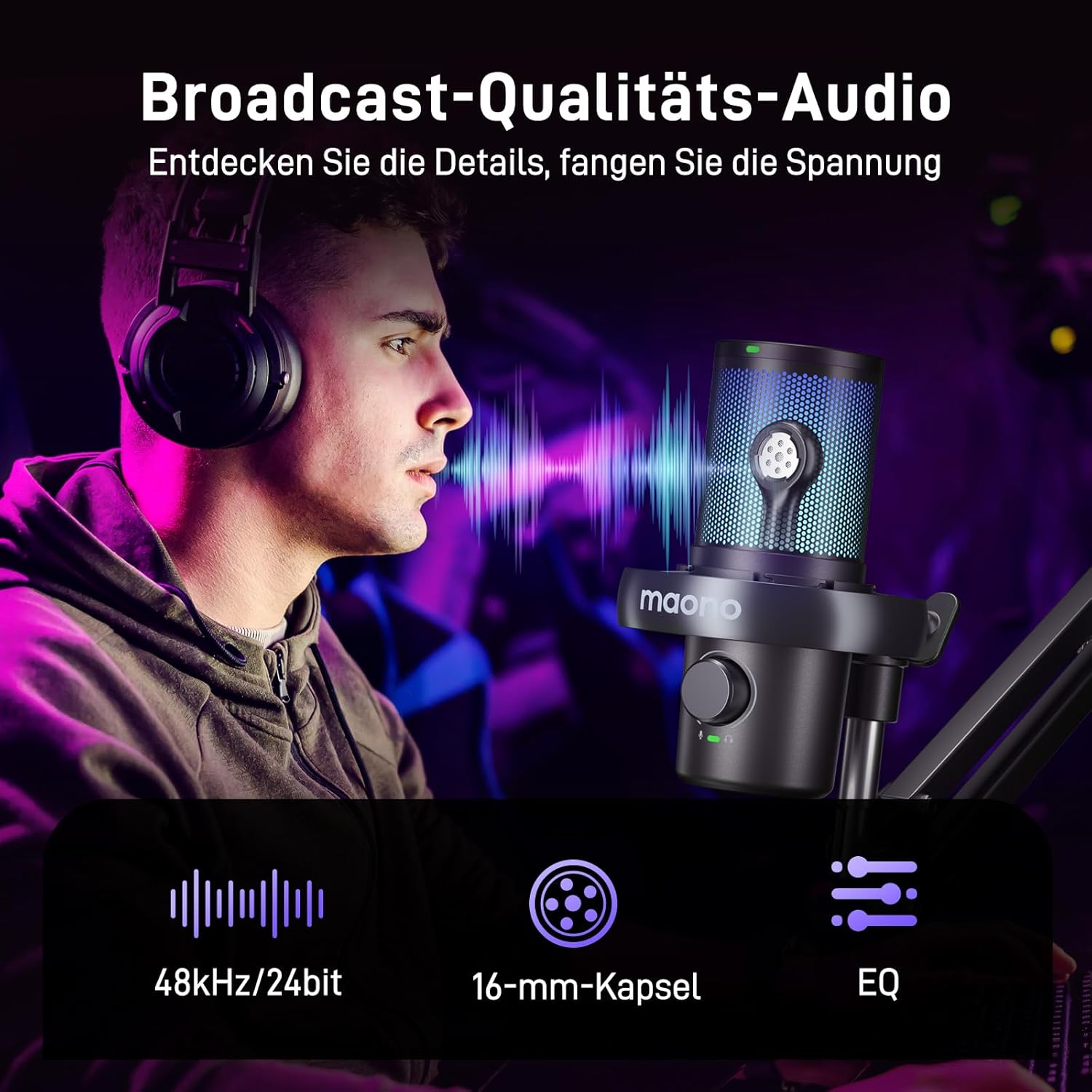 Streaming-Equipment - MAONO Wireless Microphone for PC, Microphone PC with Software AI Voice Change, 3-Stage Noise Reduction, Custom RGB Light, Mute for Gaming, Podcasting, Streaming, DM40 Pro Black – Bild 5