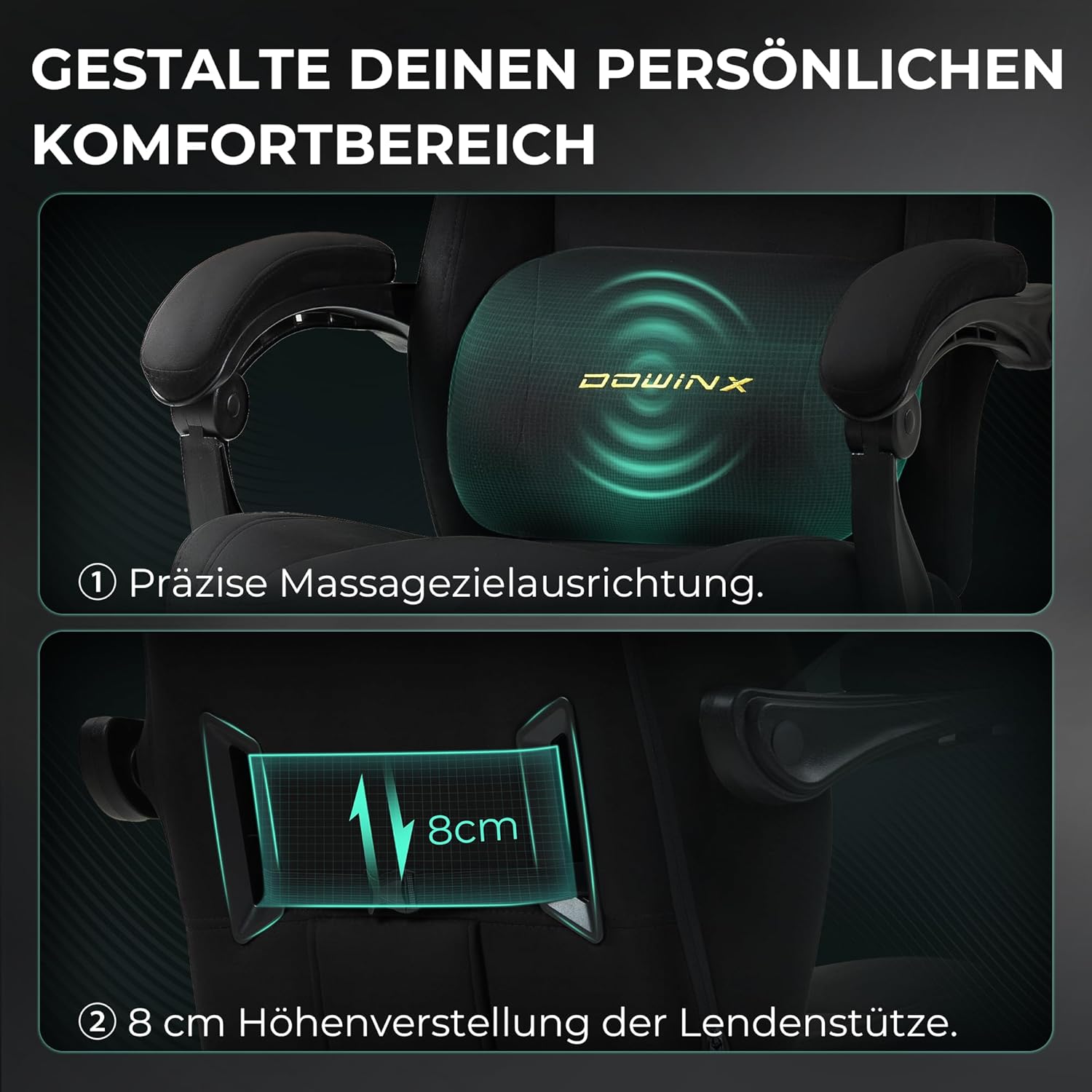 Gaming Chairs - Dowinx Ergonomic Gaming Chair with Massage Lumbar Cushion, Height-Adjustable Headrest, Thickened Seat Padding, Extendable Footrest, Adjustable Armrests, Microfibre Velour, 160° Tilt, Black – Bild 7
