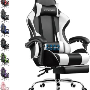Gaming Chairs – GTPLAYER Gaming Chair Office Chair Massage Gaming Chair Ergonomic Gamer Chair with Footrest Headrest Massage Lumbar Cushion Padded Gaming Chair Swivel Chair White