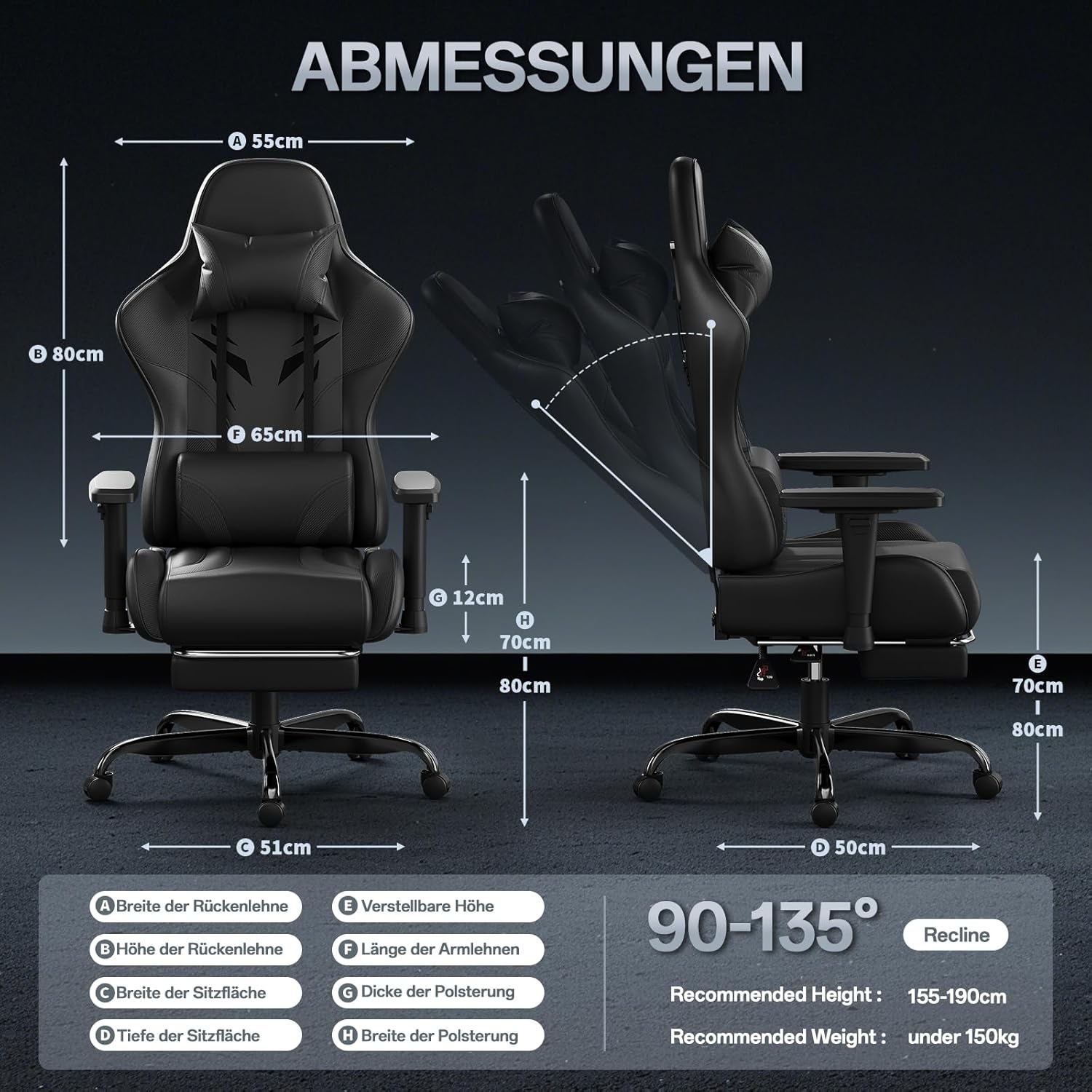 Gaming Chairs - JUMMICO Gaming Chair with Adjustable Armrests, Office Chair Ergonomic with Footrest, Gamer Chair Load Capacity 150 kg, Black – Bild 3