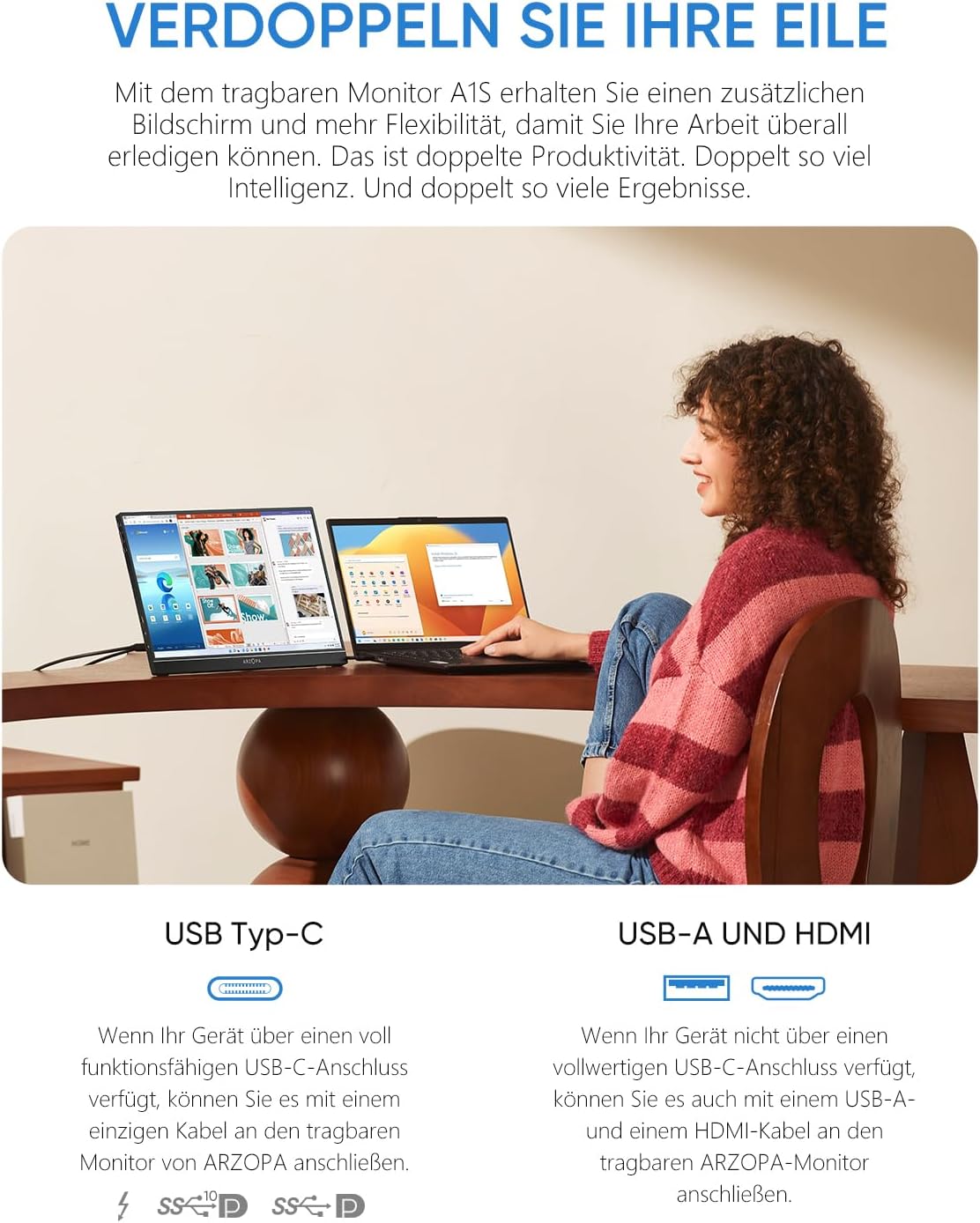 Gaming PC & Gaming Monitors - ARZOPA Portable Monitor, 14.0 Inch 1920 x 1080 FHD IPS Portable Monitor for Laptop with Single Rod, Supports HDMI/Type-C/USB-C, Eye Protection Gaming Screen for Laptop/PC/Mac/PS3/4/5/Xbox – Bild 2