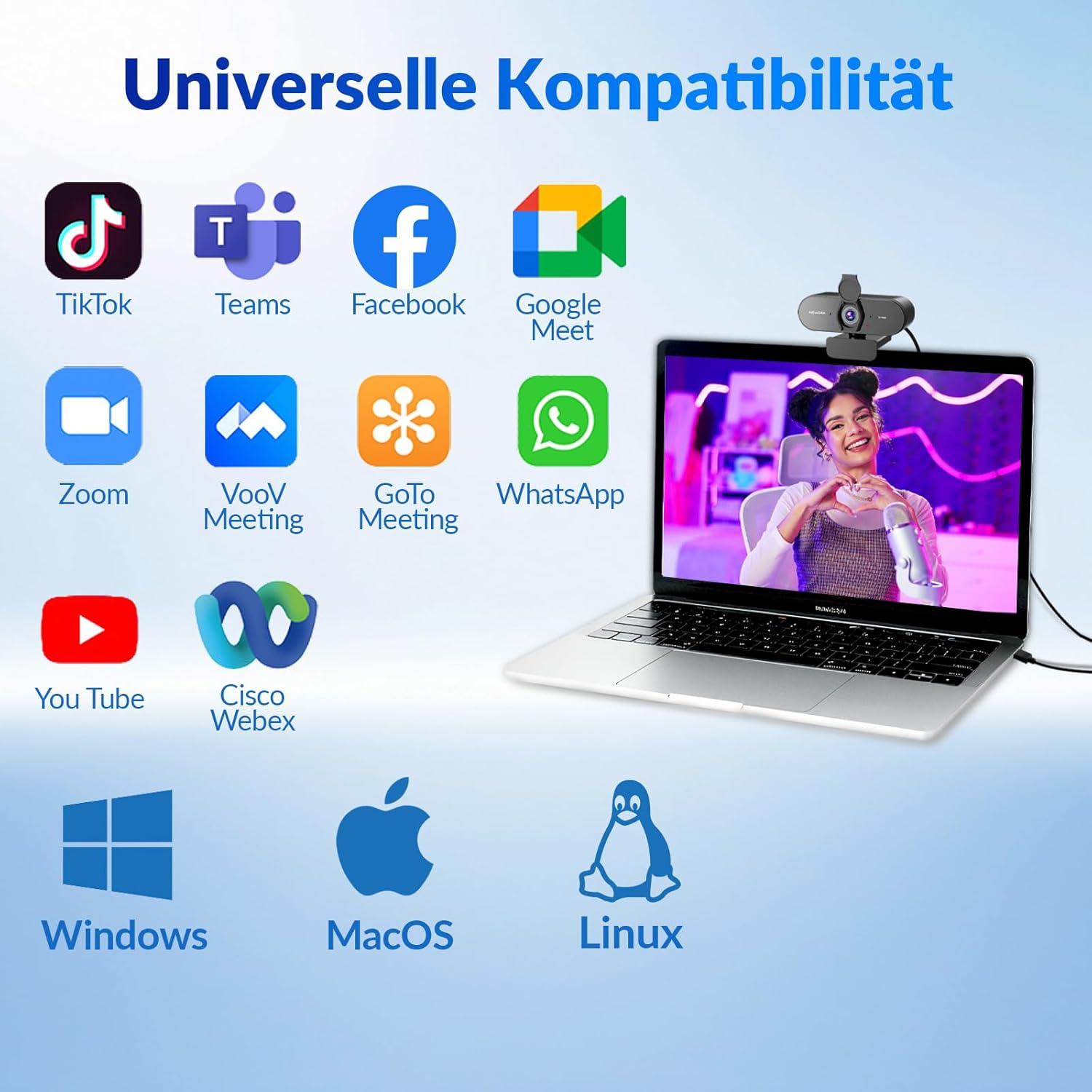 Webcam - 4K Webcam with PDAF & CDAF Dual Auto Focus, Ultra HD 4K, 2 Noise Reduction Microphones, Automatic Light Correction, USB-A, Privacy Cover, Streaming for PC/Mac/Laptop – Bild 9