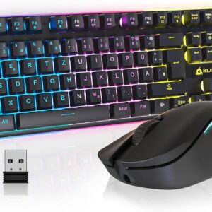 Gaming Tastatur & Maus – KLIM Thunder Wireless Gaming Keyboard and Mouse Combo – Wireless Backlit Keyboard with Durable Integrated Battery + 4800 DPI RGB Wireless Gaming Mouse for PC