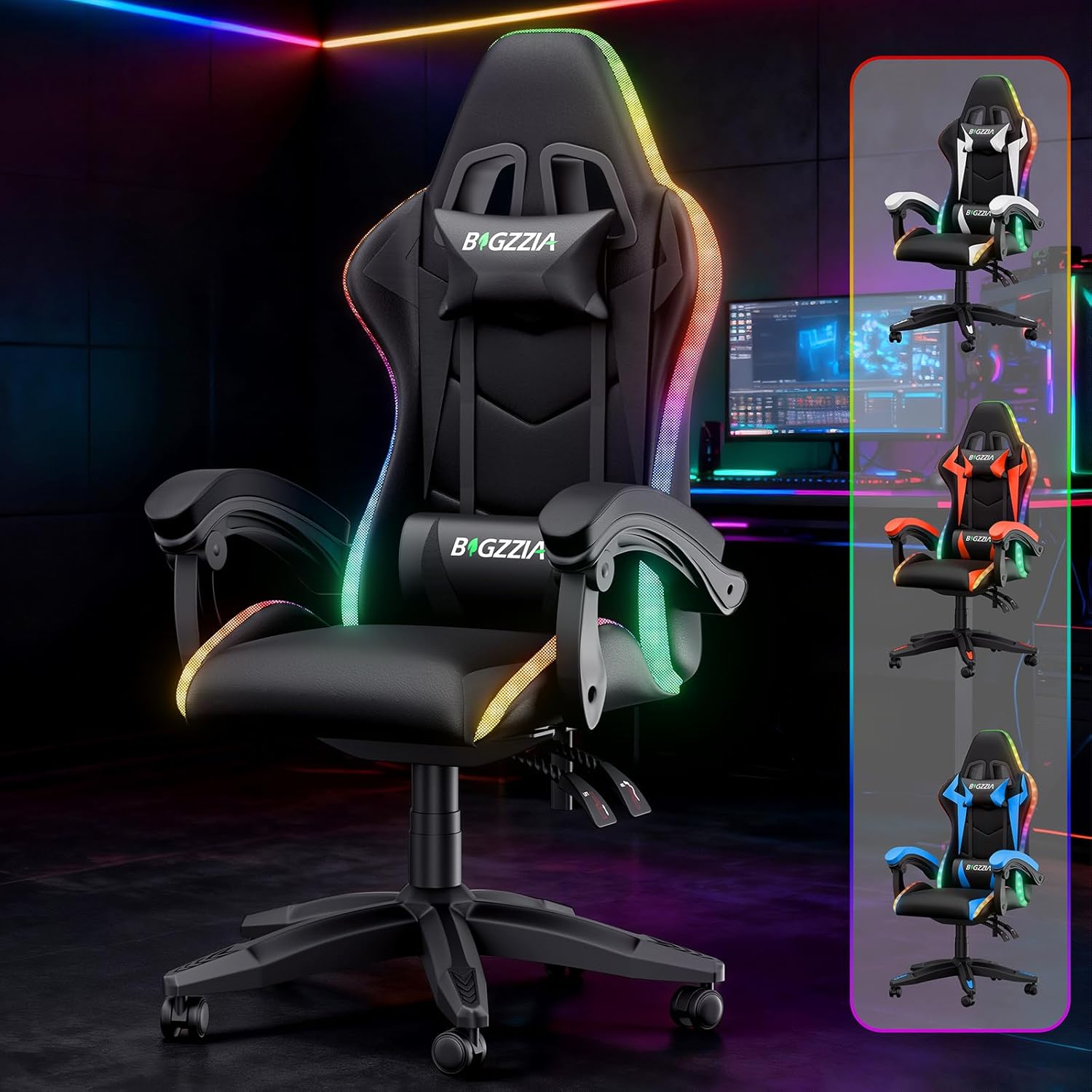 Gaming Chairs - Gaming Chair with LED Lights, Ergonomic Recliner Chair with RGB Lights, Adjustable Headrest and Lumbar Support, PU Leather Computer Office Chair, Height and Tilt Adjustable (Black) – Bild 3