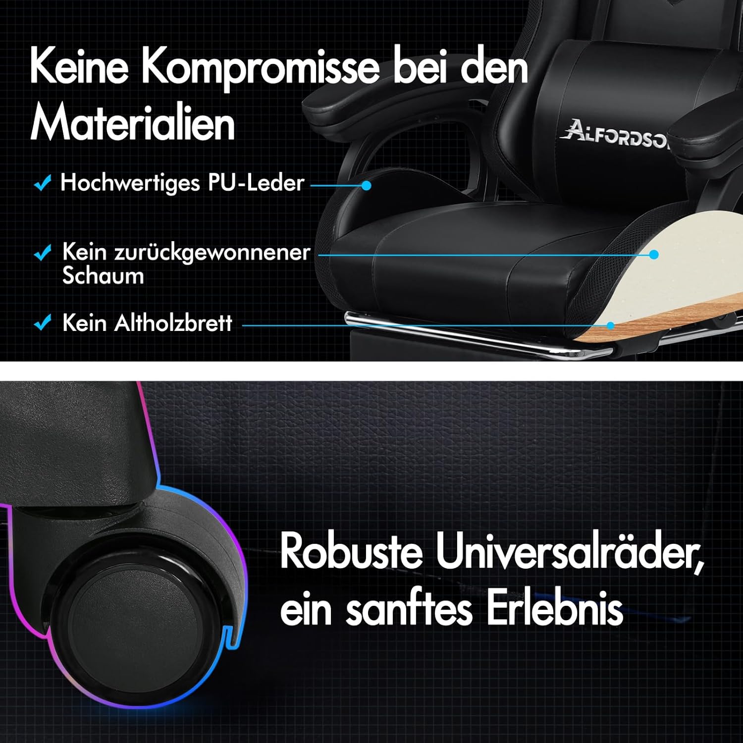 Gaming Chairs - ALFORDSON Gaming Chair with 8-Point Massage 12 Colours RGB LED Light, Office Chair Ergonomic with Footrests, Headrest Lumbar Cushion for Children Adults, Black – Bild 6