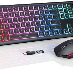 Gaming Tastatur & Maus – Keyboard Mouse Set, Wireless Illuminated, Rechargeable & Automatic Sleep, Adjustable Height, 2.4 GHz LED Quiet USB-A & USB-C Wireless Keyboard with Mouse, for Mac OS/Windows/PC/Laptop, Black, QWERTZ
