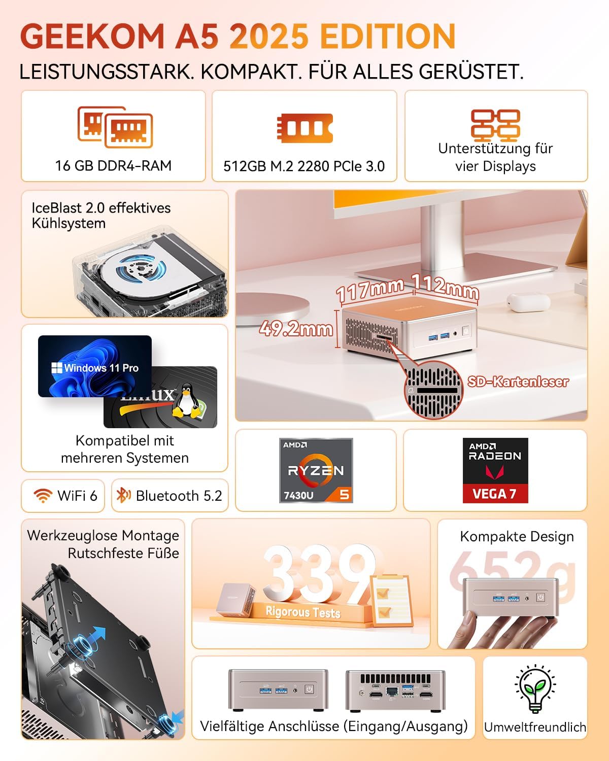 Gaming PC & Laptops - GEEKOM Mini PC A5 2025 Edition with AMD Ryzen 5 7430U, 16GB RAM 512GB SSD, Windows 11 Pro, Ultra Quiet Compact Desktop PC with AMD Radeon Graphics, Dual HDMI 4K Output, SD Card Slot for Home Office – Bild 2