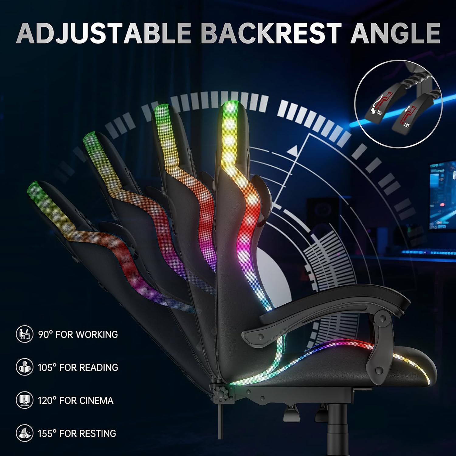 Gaming Chairs - Gaming Chair with LED Lights, Ergonomic Recliner Chair with RGB Lights, Adjustable Headrest and Lumbar Support, PU Leather Computer Office Chair, Height and Tilt Adjustable (Black) – Bild 5