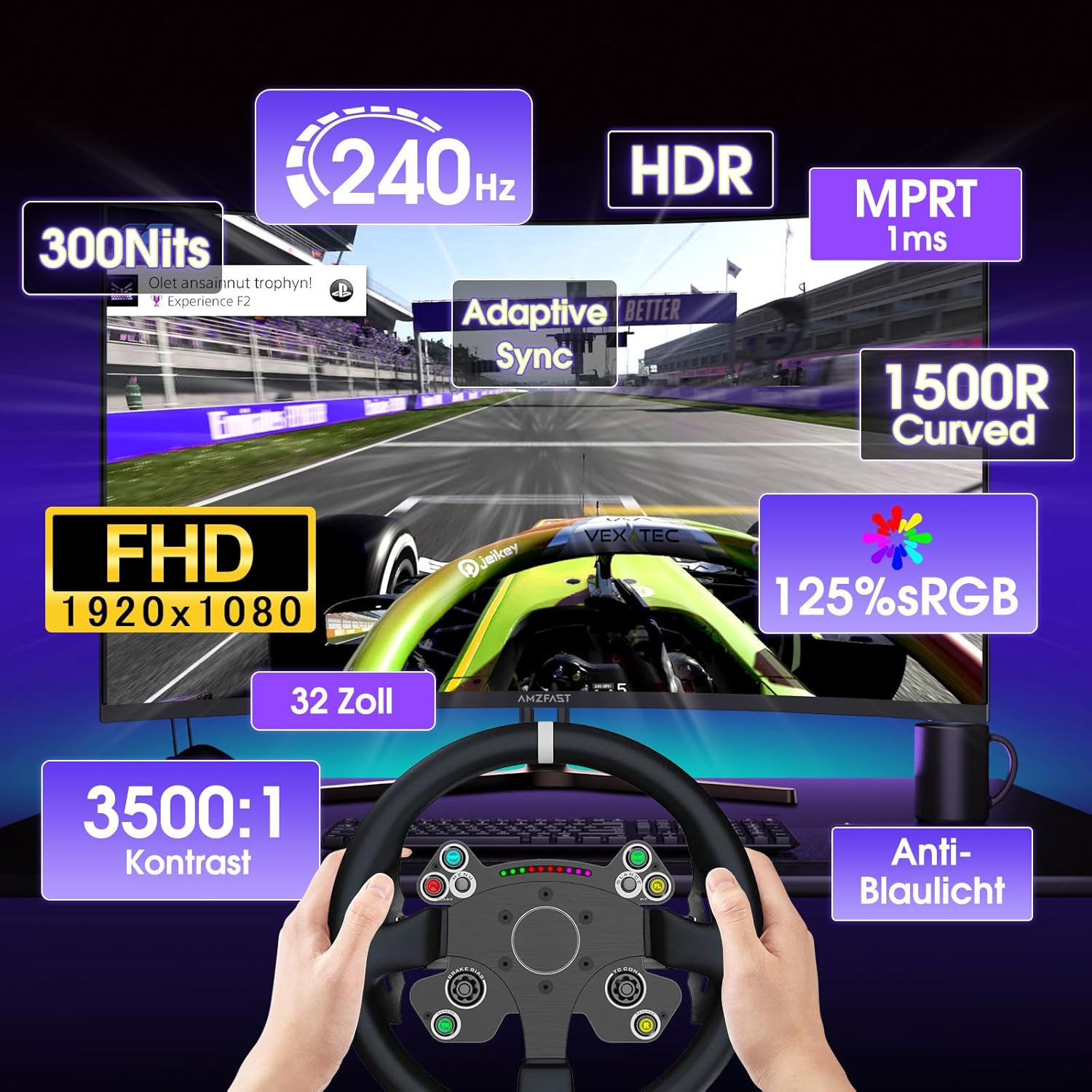 Gaming PC & Gaming Monitors - Amzfast AMZG32C1F Curved Gaming Monitor 32" 240Hz FHD 1ms MPRT Adaptive Sync sRGB 120% HDR Flicker Free Low Blue Light HDMI 2.0/DP 1.4 – Bild 2