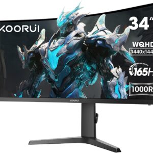 Gaming PC & Gaming Monitors – KOORUI 34E6UC 34 Inch Ultrawide Curved Gaming Monitor, PC Screen 165Hz, 1MS HDR 400, 1000R, UWQHD 3440×1440, Adaptive Sync, 2xHDMI & Display Port, VESA 75x75mm, DCI-P3 90% Height Adjustable