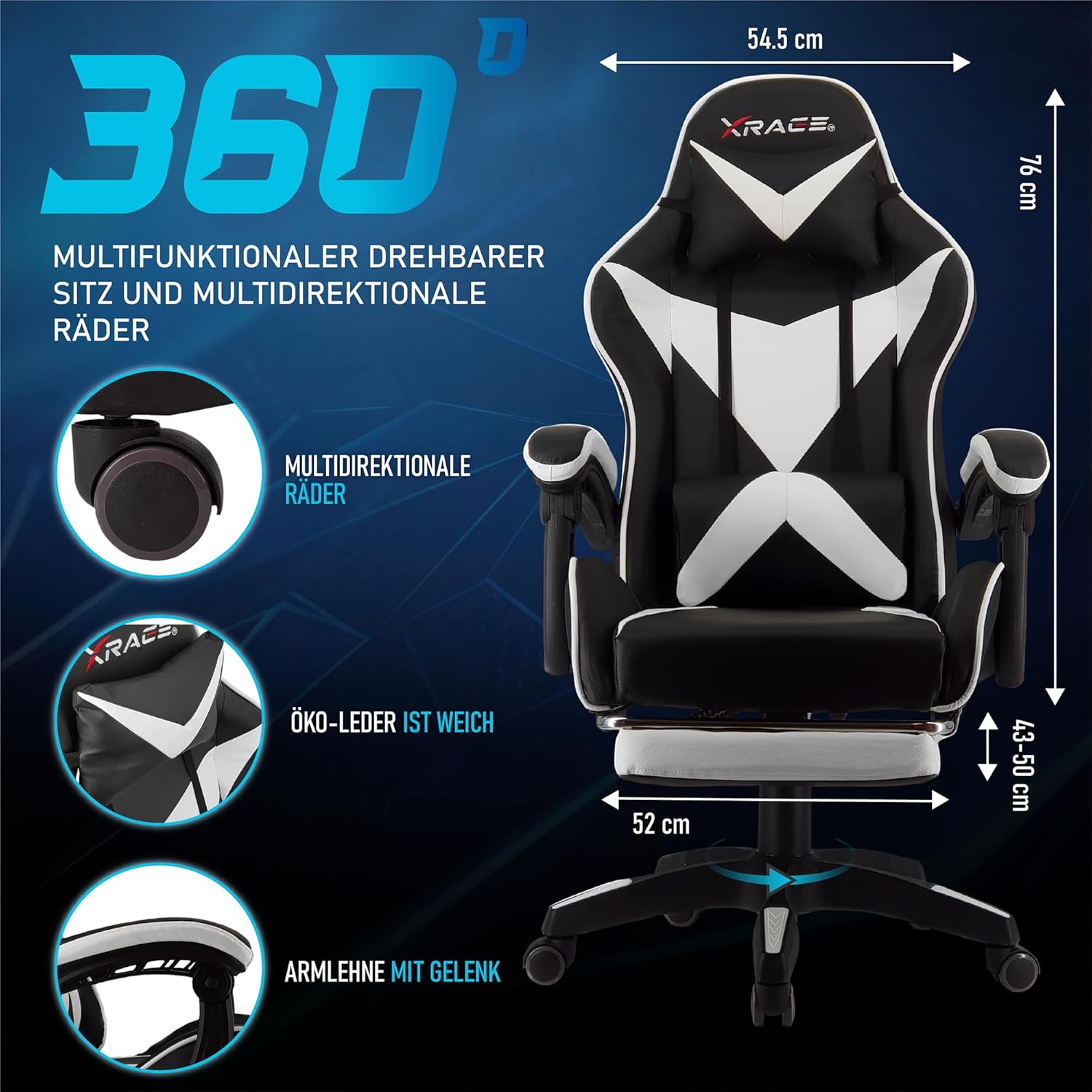 Gaming Chairs - xRace Gaming Chair, Office Chair, Ergonomic PC Chair, Leather Gaming Chair with Lumbar Support, Adjustable Rotatable, Task Chairs with Footrest and Headrest, White – Bild 3