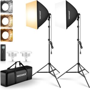 Streaming-Equipment – NEEWER 24 x 24 inch Softbox Lighting Set with Tripod Stands, Pack of 2, 45 W Two-Tone 2.4G LED Bulbs, 10 Channels, 2900K-7000K, 1400Lux/m, CRI95, 20 m Remote Control, Photography Continuous Light Kit