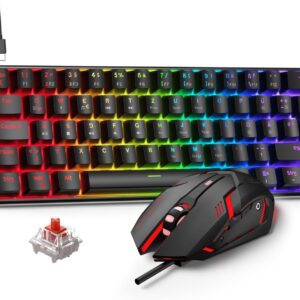 Gaming Tastatur & Maus – Gaming Keyboard and Mouse Set, 60% QWERTZ Layout Mini Mechanical Keyboard with RGB Illuminated, Red Switches, USB-C Wired, 4 Colours LED Gaming Mouse, Compact Set for PC Mac Xbox PS5