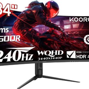 Gaming PC & Gaming Monitors – KOORUI 34 Inch Gaming Monitor, 240Hz PC Screen, Curved 1500R, Adaptive Sync, Ultrawide WQHD (3440 × 1440), HDR400, Height Adjustable (110 mm), Pip/PBP, Black