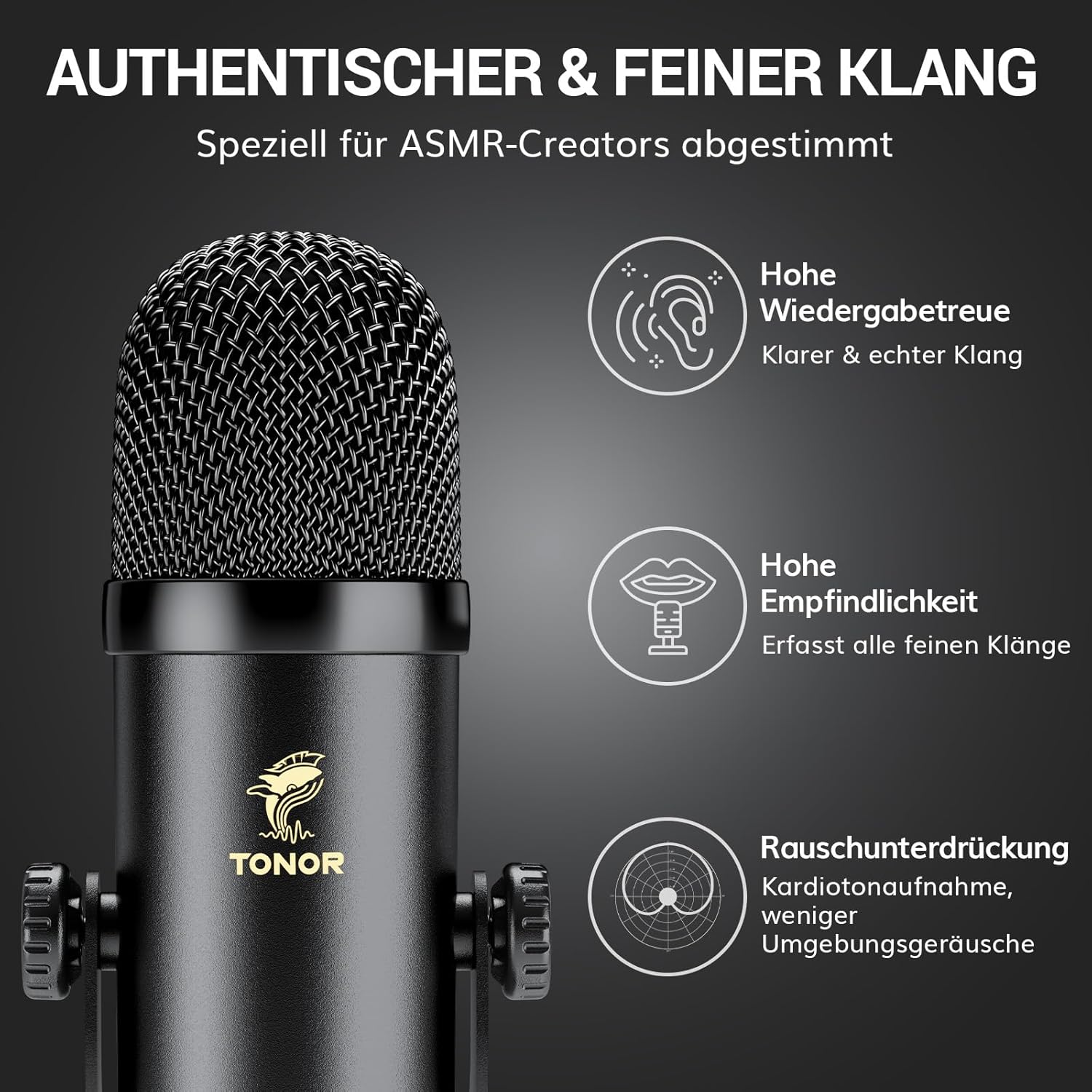 Streaming-Equipment - TONOR Podcast Microphone Set with Audio Interface, ASMR Microphone, 2 Condenser Microphones, Audio Mixer, Volume Control, 3D Stereo Sound, with Fur Wind Protection, USB Microphone for PC/Mobile Phone, Black – Bild 3
