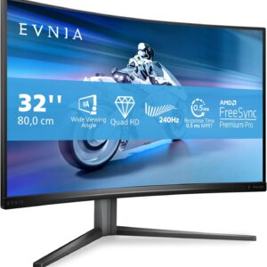 Gaming PC & Gaming Monitors – Philips Evnia 32M2C5500W – 32 Inch QHD Curved Gaming Monitor, 0.5 ms MPRT, 240 Hz, FreeSync Prem. Pro, HDR400 (2560 x 1440, HDMI, DisplayPort, USB Hub) Grey