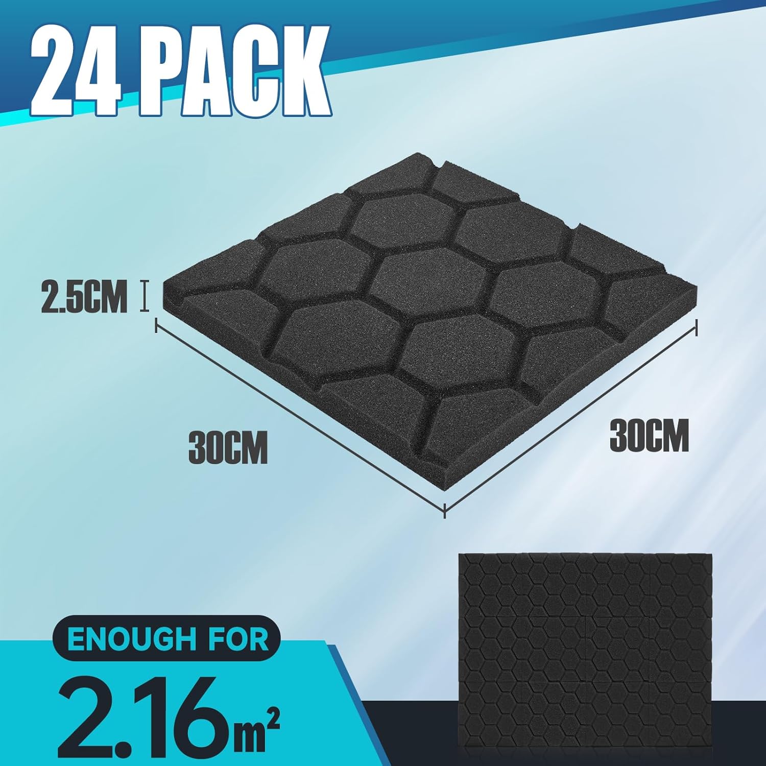 Streaming-Equipment - Acoustic Foam, Pack of 24, Acoustic Panels, Sound Absorber, 30 x 30 x 2.5 cm, Sound Insulation, Sound Insulation Mat, Podcast, Studio, Gaming Decoration, Streaming Accessories, Acoustic Panels, Black – Bild 6