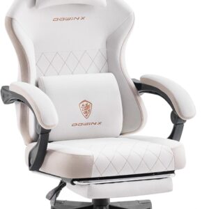 Gaming Chairs – Dowinx Gaming Chair Fabric with Spring Cushion, Massage Lumbar Support, Office Chair with Footrest for Adults, Ergonomic Gaming Armchair, Large and High for Office Gaming, 135 kg, Beige