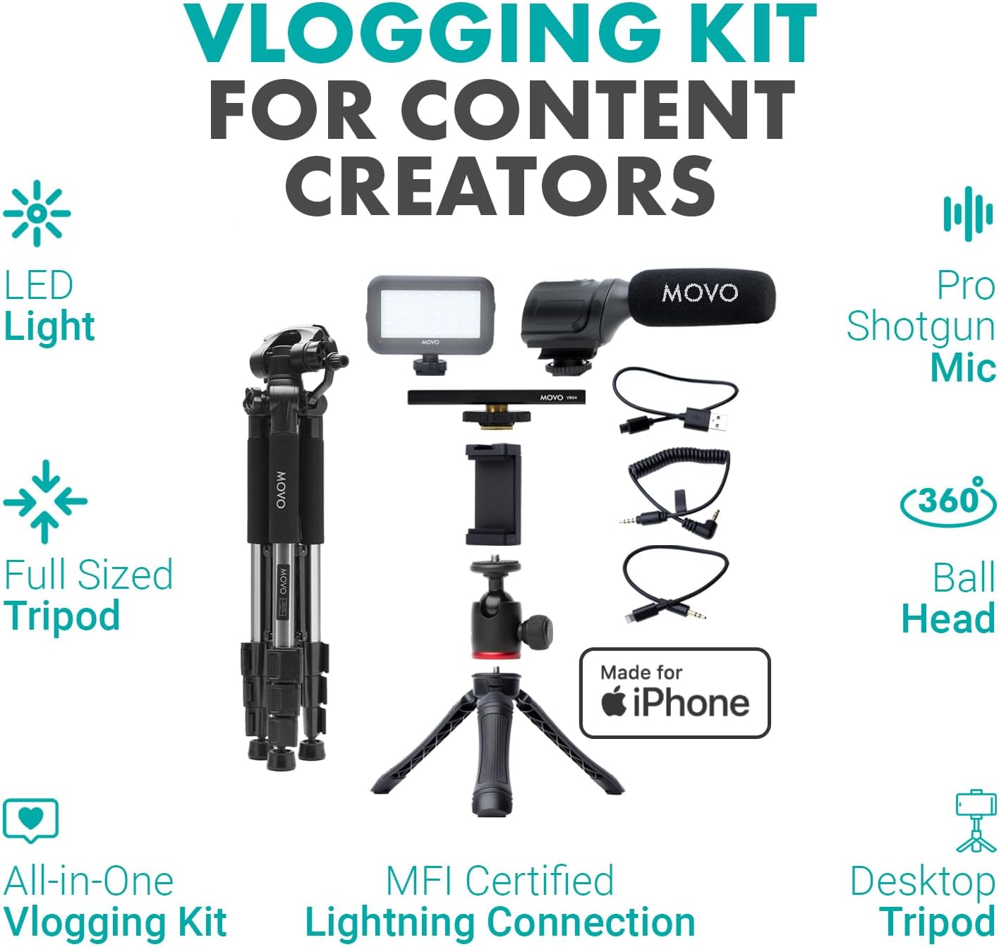 Streaming-Equipment - Movo iVlogger iPhone,Android Compatible Vlogging Kit with Full Size Tripod - Mobile Phone Video Kit Accessories: Tripods, Phone Holder, Video, Vlogging Recording – Bild 2