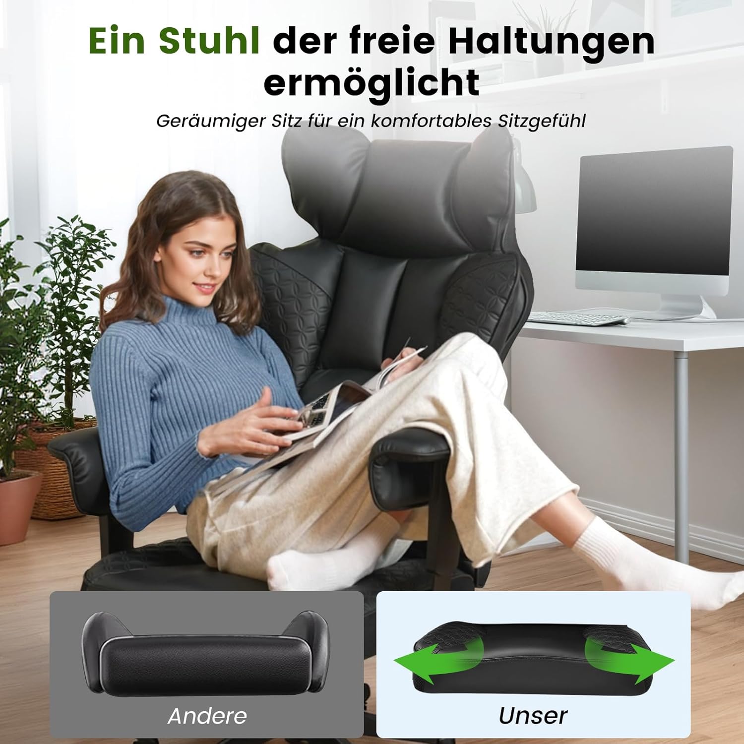 Gaming Chairs - COMHOMA Gaming Chair, Ergonomic Office Chair, Desk Chair with Adjustable Armrests, Pocket Spring Lumbar Support for Large and Tall People, 150 kg, Wide Seat, Jet Black – Bild 7