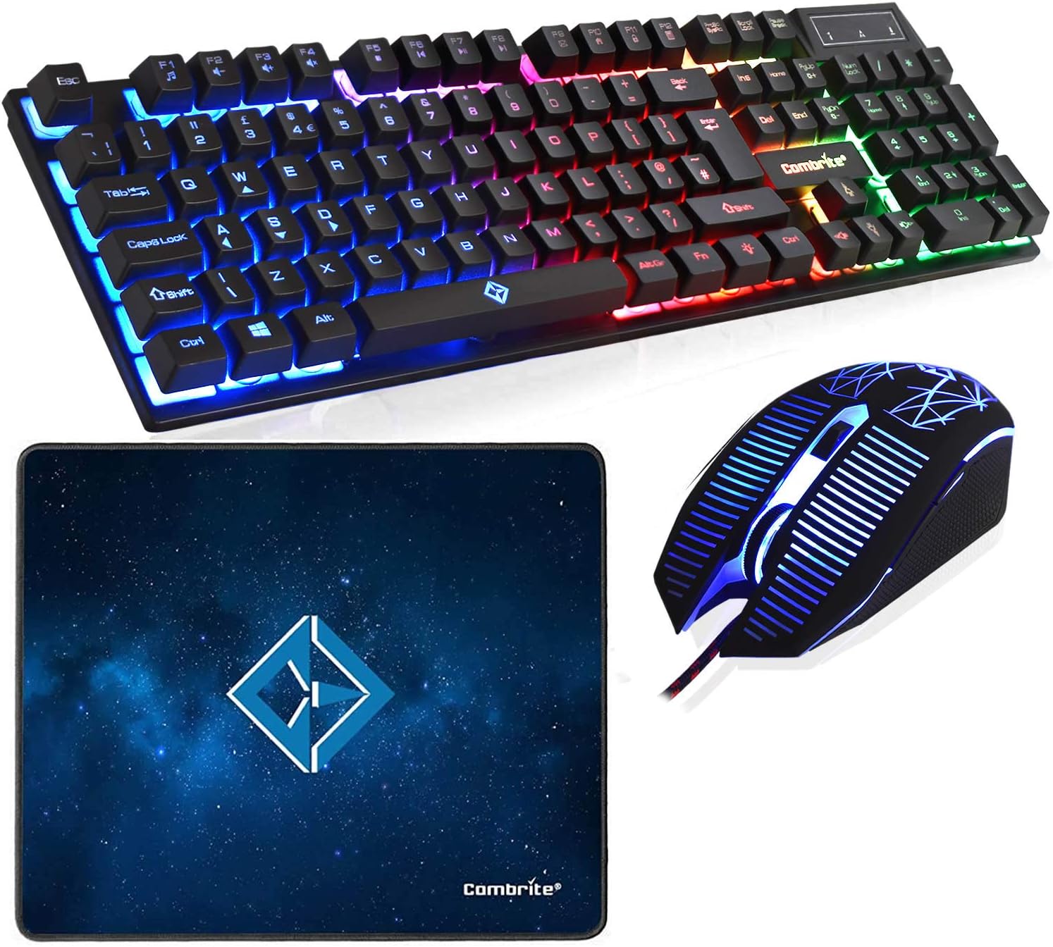 Gaming Tastatur & Maus - Raptor Gaming Keyboard and Mouse Set with Large Mouse Pad Rainbow LED USB Cable Desktop Combo UK Layout for PC Laptop PS4 Xbox One Black