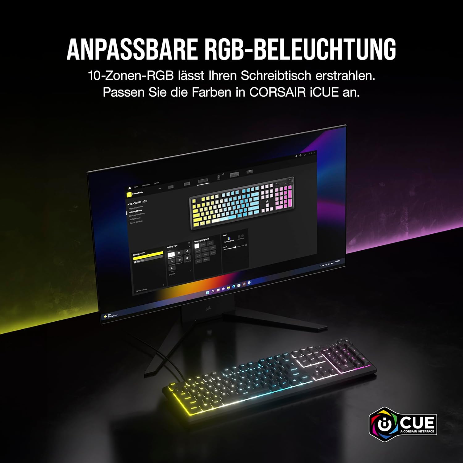 Gaming Tastatur & Maus - Corsair K55 CORE RGB Membrane Wired Gaming Keyboard - Quiet, Responsive Switches - Splash Proof - Ten Zone RGB - Media Keys - iCUE Compatible - QWERTZ DE - PC, Mac - Black – Bild 5