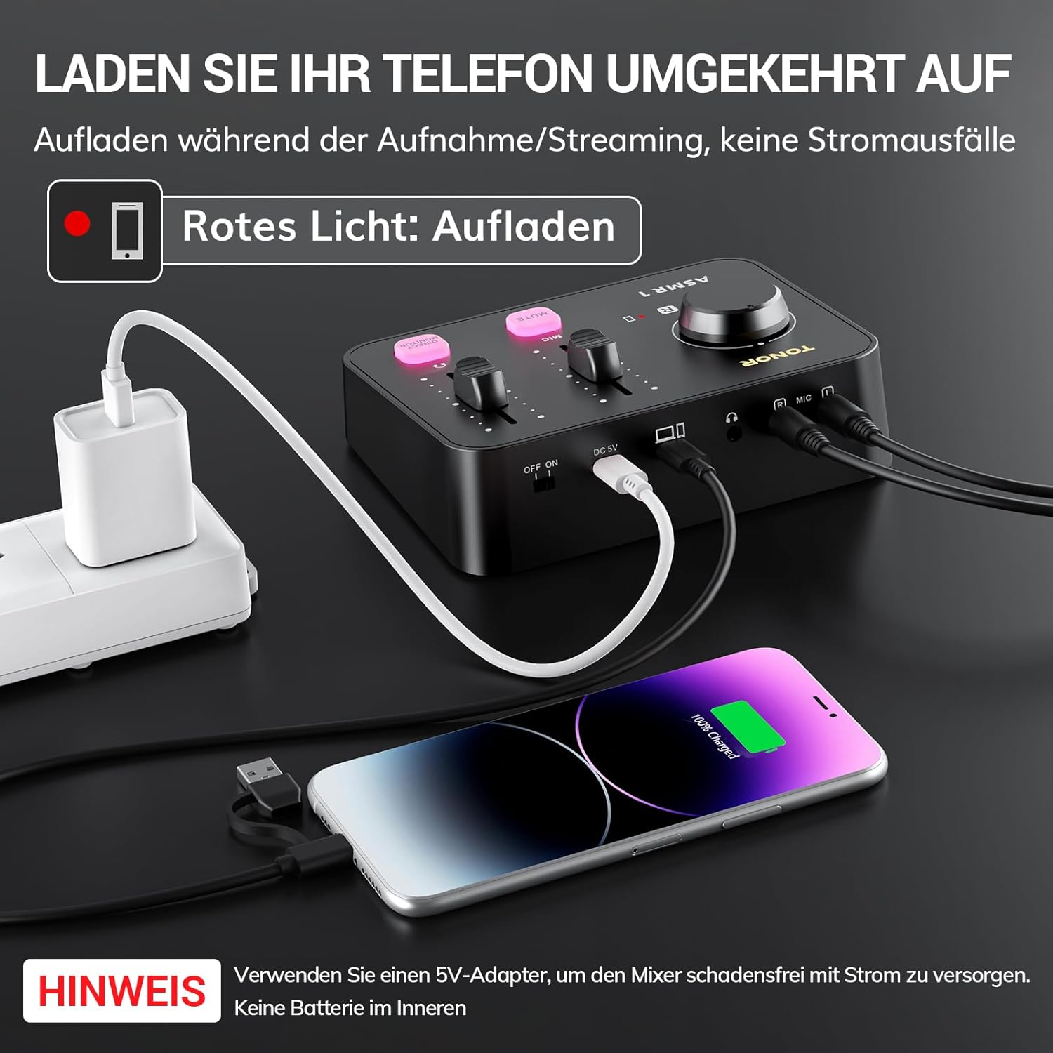 Streaming-Equipment - TONOR Podcast Microphone Set with Audio Interface, ASMR Microphone, 2 Condenser Microphones, Audio Mixer, Volume Control, 3D Stereo Sound, with Fur Wind Protection, USB Microphone for PC/Mobile Phone, Black – Bild 7