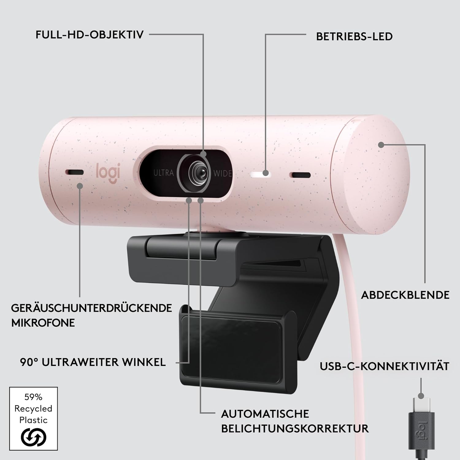 Webcam - Logitech Brio 500 Full HD Webcam with Auto Light Correction, Point Mode, Dual Microphone + Noise Cancellation Webcam Cover for Microsoft Teams, Google Meet, Zoom, USB-C Cable - Pink – Bild 7