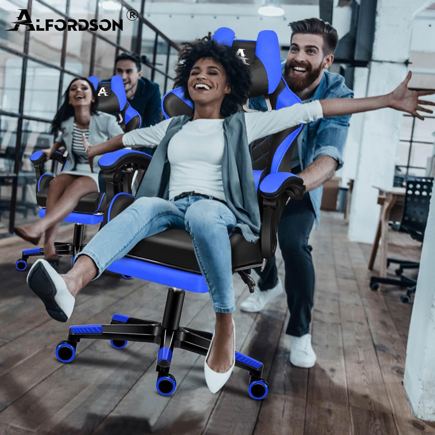 Gaming Chairs - ALFORDSON Comfortable Gaming Office Chair, Integrated Footrest, Lumbar Cushion, 150° Tilt Adjustment, Leather Seat with High Back, Blue – Bild 2