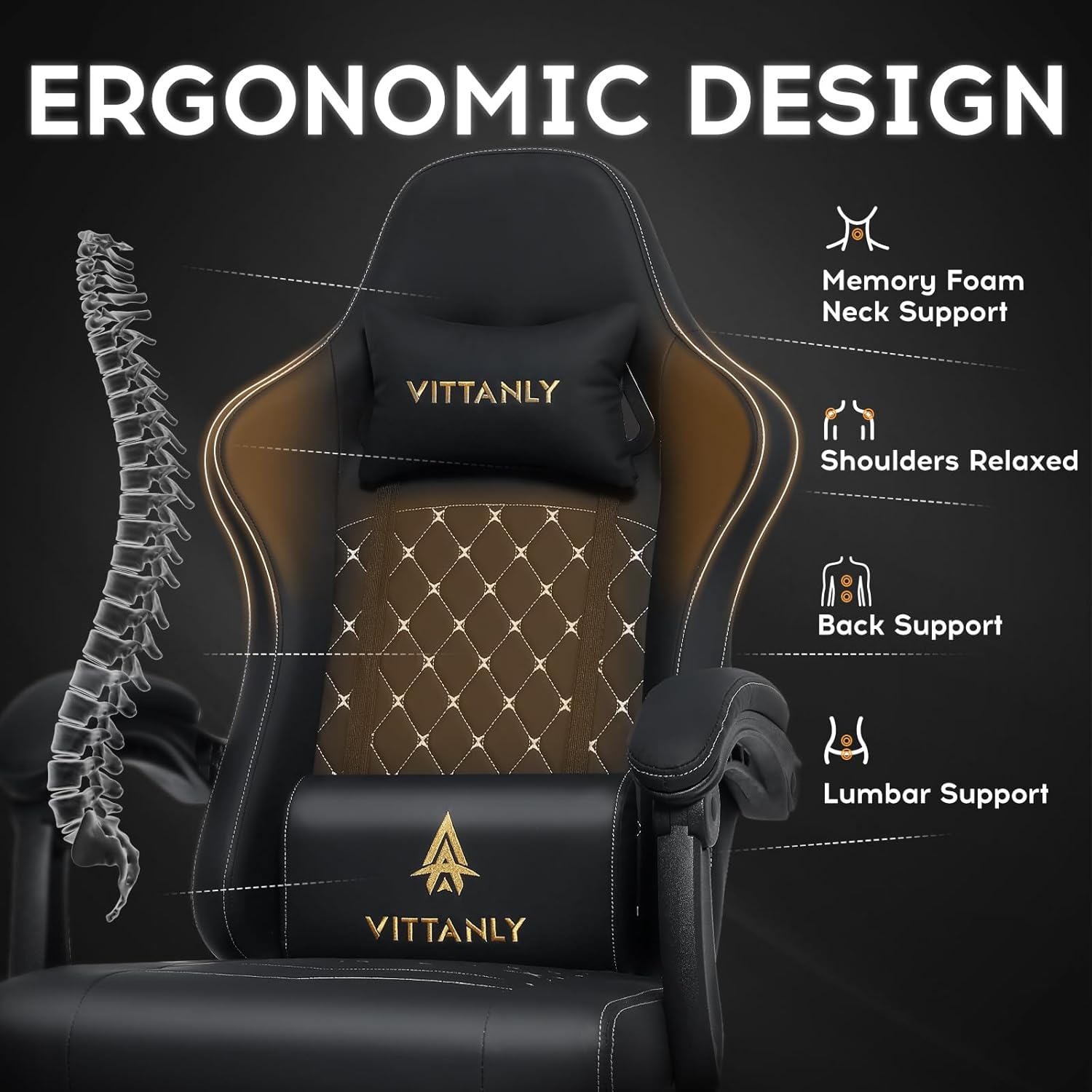Gaming Chairs - Vittanly Gaming Chair with Spring Cushion, Ergonomic Gaming Chair, Gamer Chair with Headrest, Lumbar Cushion and Footrest, Height-Adjustable Rotating Gaming Chair, Office Chair, 150 kg, Black – Bild 3
