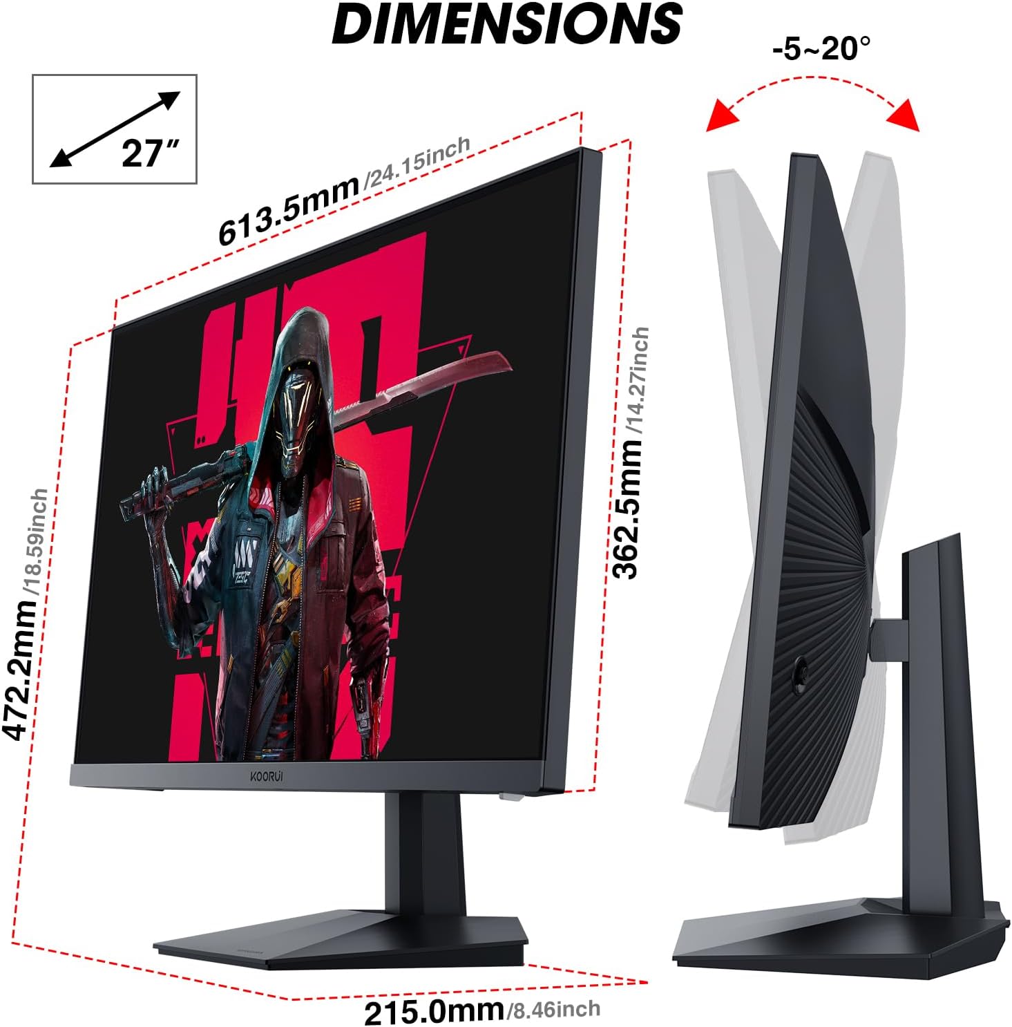 Gaming PC & Gaming Monitors - KOORUI Gaming Monitor 27 Inch PC Screen 240Hz, FHD, 1ms, Adaptive Sync (1920 x 1080p, DCI-P3 90%, SRGB 100%, HDMI, DisplayPort, VESA 75x75) – Bild 7