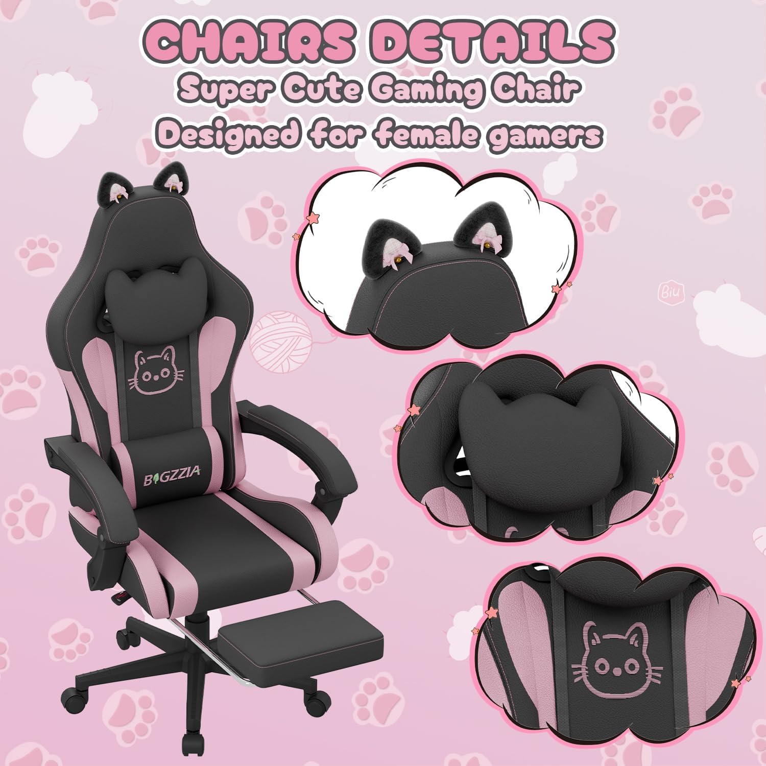 Gaming Chairs - bigzzia Gaming Chair with Massage Function and Footrest - Ergonomic Gaming Chair for Girls & Adults, Gamer Chair Head & Lumbar Support with Cat Ears (Black/Pink) – Bild 4