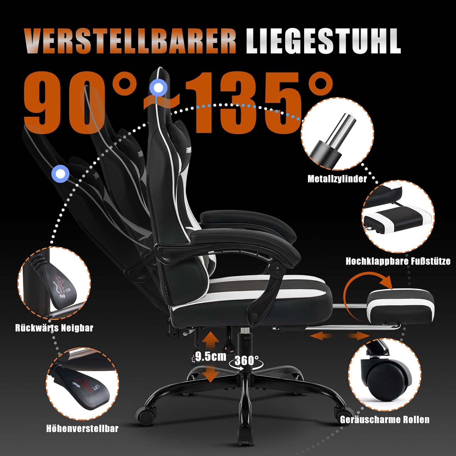 Gaming Chairs - Hellove Gaming Chair with Footrest, Ergonomic Gaming Chair, Video Game Chair with Lumbar Support, Adjustable Armrests for Adults and Teenagers, PU Black/White – Bild 6