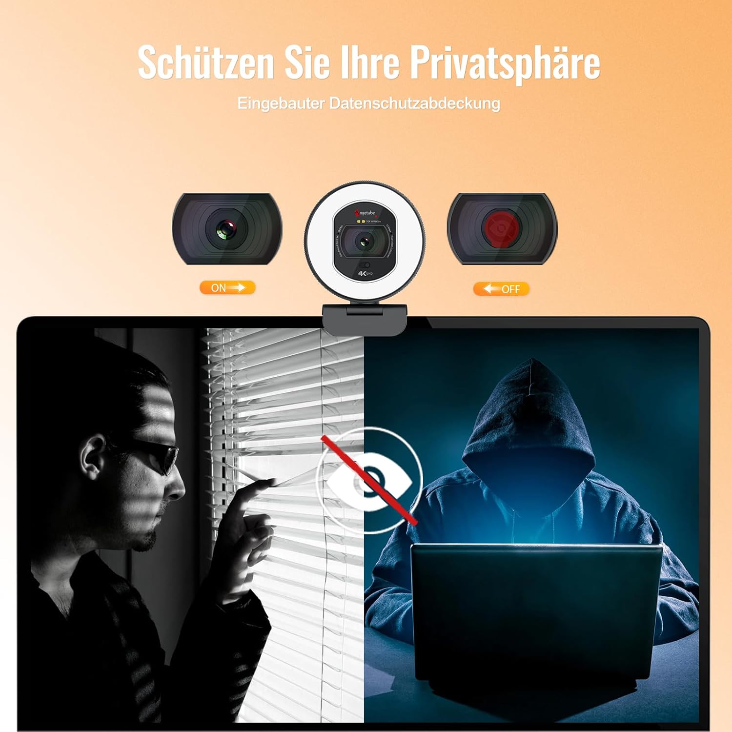 Webcam - Angetube Webcam 4K with Light - Streaming Camera for PC with Dual AI Noise Cancelling Microphone, Auto Focus and Built-in Privacy Protection. USB 1080P 60FPS Webcam for Laptop and Mac – Bild 4