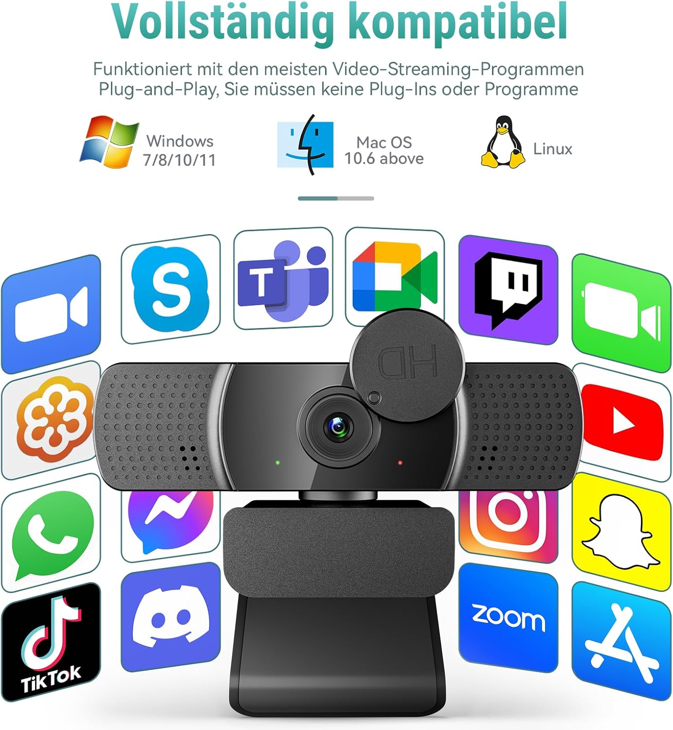 Streaming-Equipment - 2K Full HD Webcam with Lens Cover 30fps, 85° Wide Angle, USB, Dual Microphone, Fixed Focus, Exposure Compensation, Noise Reduction, Compatible with Windows, Mac OS, Linux and More – Bild 5