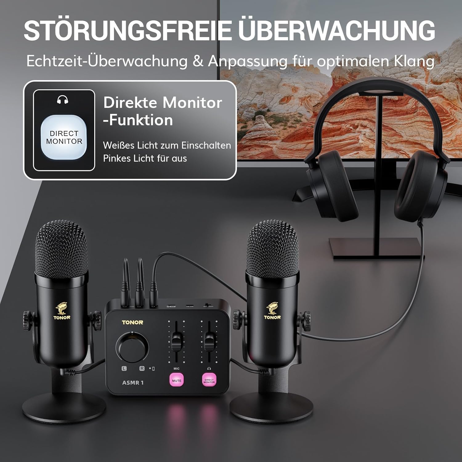 Streaming-Equipment - TONOR Podcast Microphone Set with Audio Interface, ASMR Microphone, 2 Condenser Microphones, Audio Mixer, Volume Control, 3D Stereo Sound, with Fur Wind Protection, USB Microphone for PC/Mobile Phone, Black – Bild 5