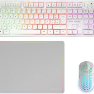 Gaming Tastatur & Maus – Mars Gaming MCPWX Wireless Gaming Combo, DualPro Link 2.4GPRO Technology, Full Frame FRGB Keyboard with Multimedia Control + RGB 3200DPI Mouse + Non-Slip 360 x 260 mm Mouse Mat, White, French