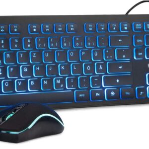 Gaming Tastatur & Maus – Rii Gaming Keyboard and Mouse Set with Cable, 3 LED Backlight QWERTZ (German Layout), Wired Keyboard with Mouse for PC, Computer, Laptop, Black