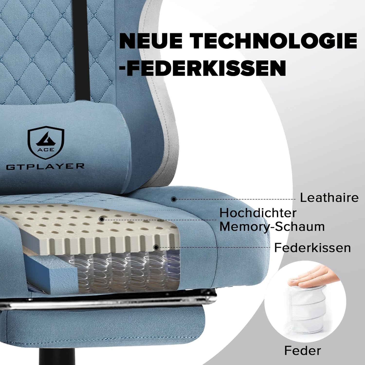 Gaming Chairs - GTPLAYER Gaming Chair, Ergonomic Gaming Chair, Desk Chair with Fabric Surface, Spring Seat Cushion, Connecting Armrests and Footrest, Light Blue – Bild 7