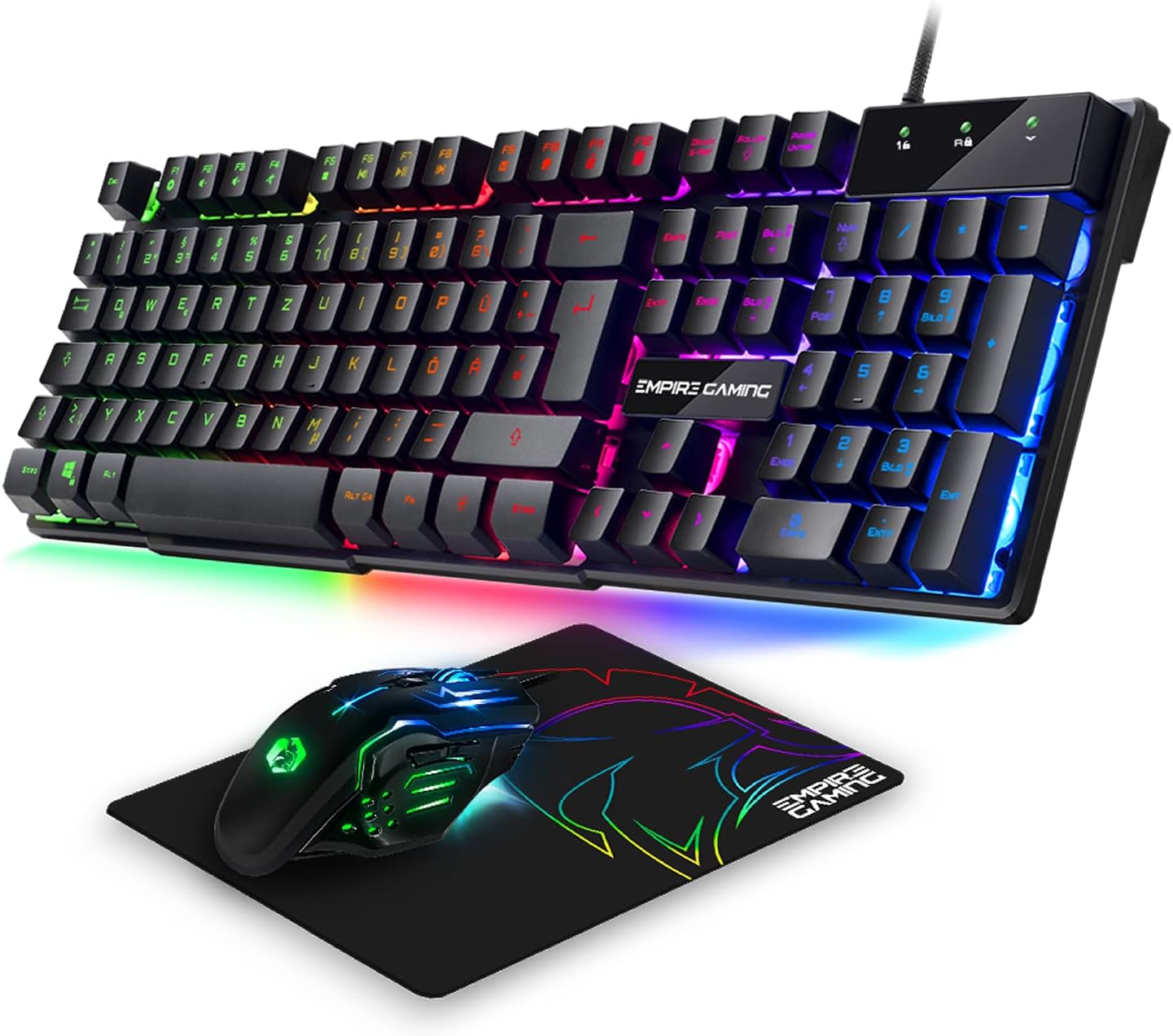 Gaming Tastatur & Maus - EMPIRE GAMING - Pack 3 in 1 MK800 - Gaming Keyboard QWERTZ German RGB 105 Keys 19 Anti-Ghosting Keys - Ergonomic RGB Gamer Mouse 2400 DPI Mouse Pad PC PS4 PS5 Xbox One/Series Mac