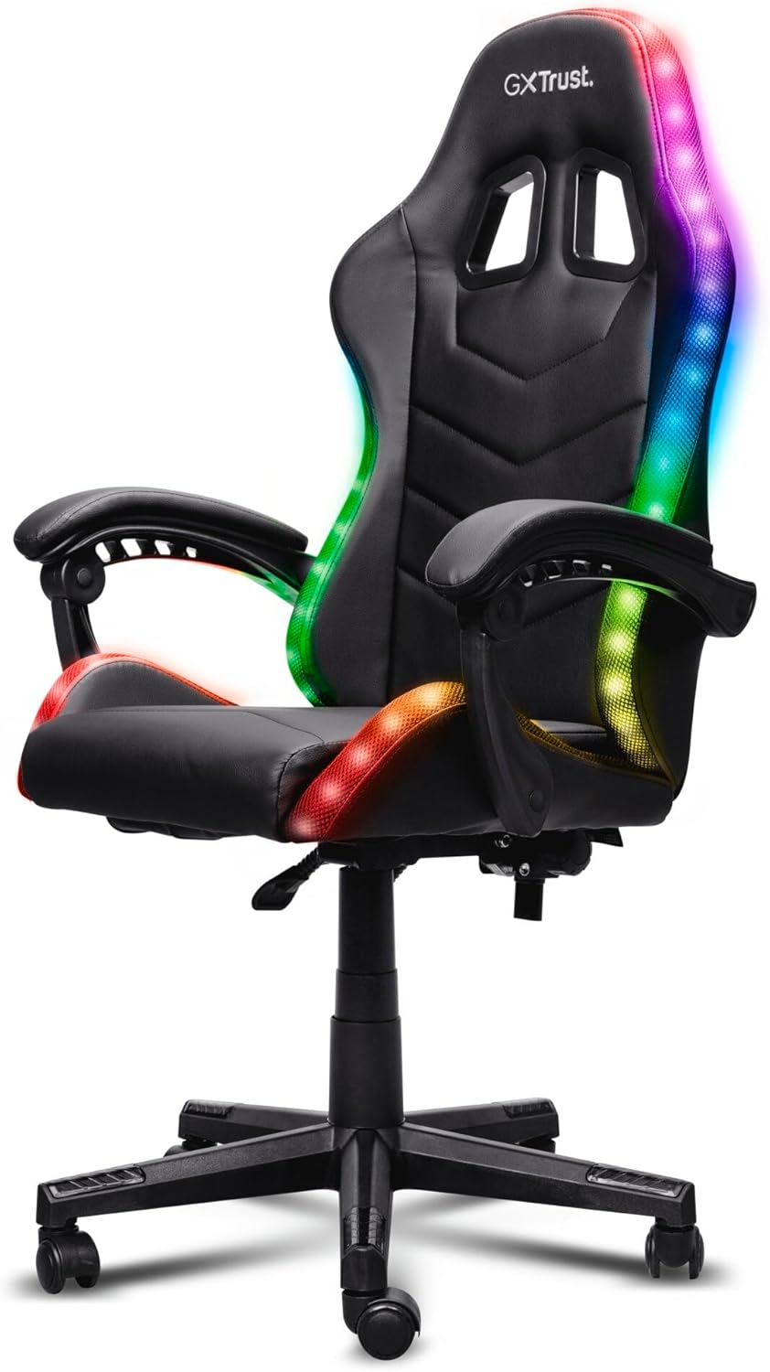 Gaming Chairs - GXTrust 704 Roniq Gaming Stuhl LED, 178 Farben und Effekten, Gepolsterte Armlehnen, Verstellbare Höhe und Rückenlehne, Gaming Chair Schreibtischstuhl mit RGB-Beleuchtung, Schwarz – Bild 10