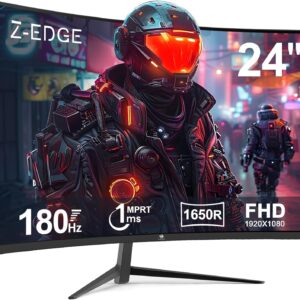 Gaming PC & Gaming Monitors – Z-Edge 24 Inch Curved Gaming Monitor 180Hz 1ms MPRT, 300cd/m² Brightness, 16:9 Full HD Curved Screen, VA Panel, FreeSync, HDMI DP – Black