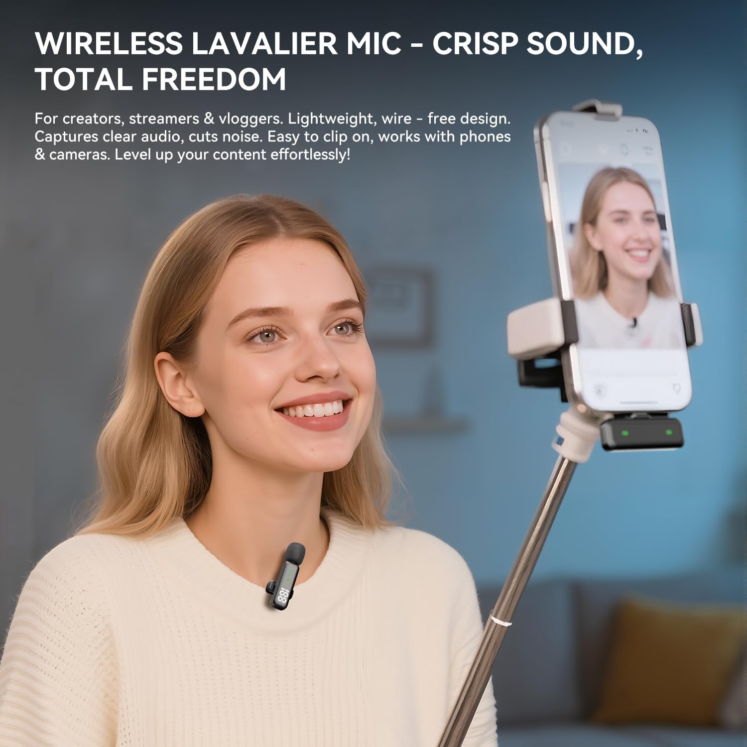 Streaming-Equipment - Wireless Lavalier Microphone Upgraded, Equipped with digital power display, for iPhone/Android/iPad/Computer, for Video Recording, Tiktok, Youtube, Vlog, Clip on Mic With Noise Reduction – Bild 4