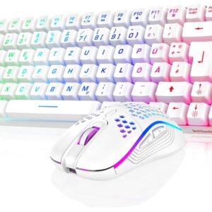 Gaming PC & Laptops – RedThunder 75% Wireless Gaming Keyboard and Mouse Set, QWERTZ DE Layout, 85 Keys, Rechargeable Compact Mini TKL Keyboard, 7200DPI Mouse with Honeycomb Construction for PC Mac PS5 Xbox Gamer [White]