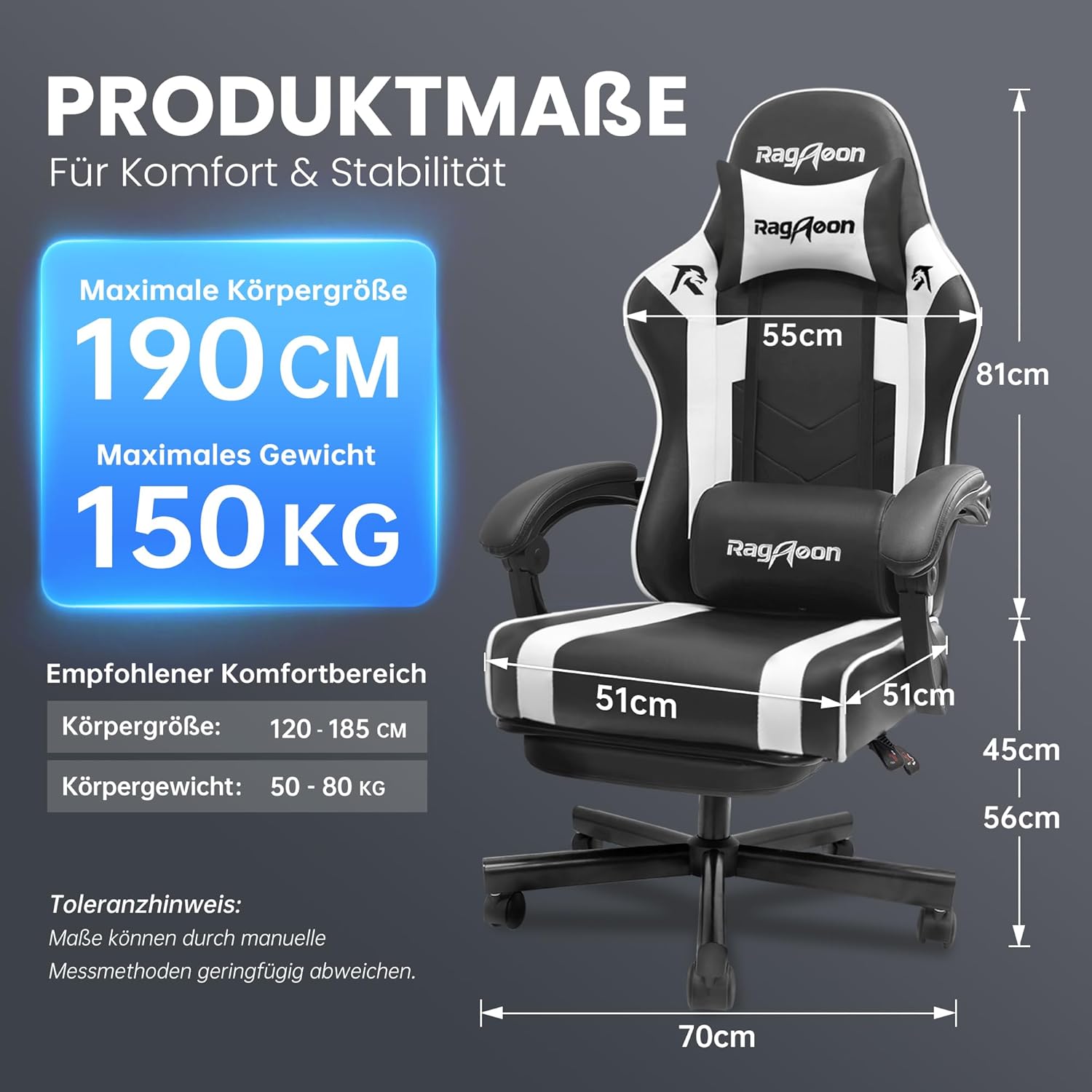 Gaming Chairs - Gaming Chair Gamer Chair - Ergonomic Gamer Chair with Footrest Headrest and Lumbar Support Height Adjustable Padded Gaming Chair 150 kg Load Capacity Black – Bild 3