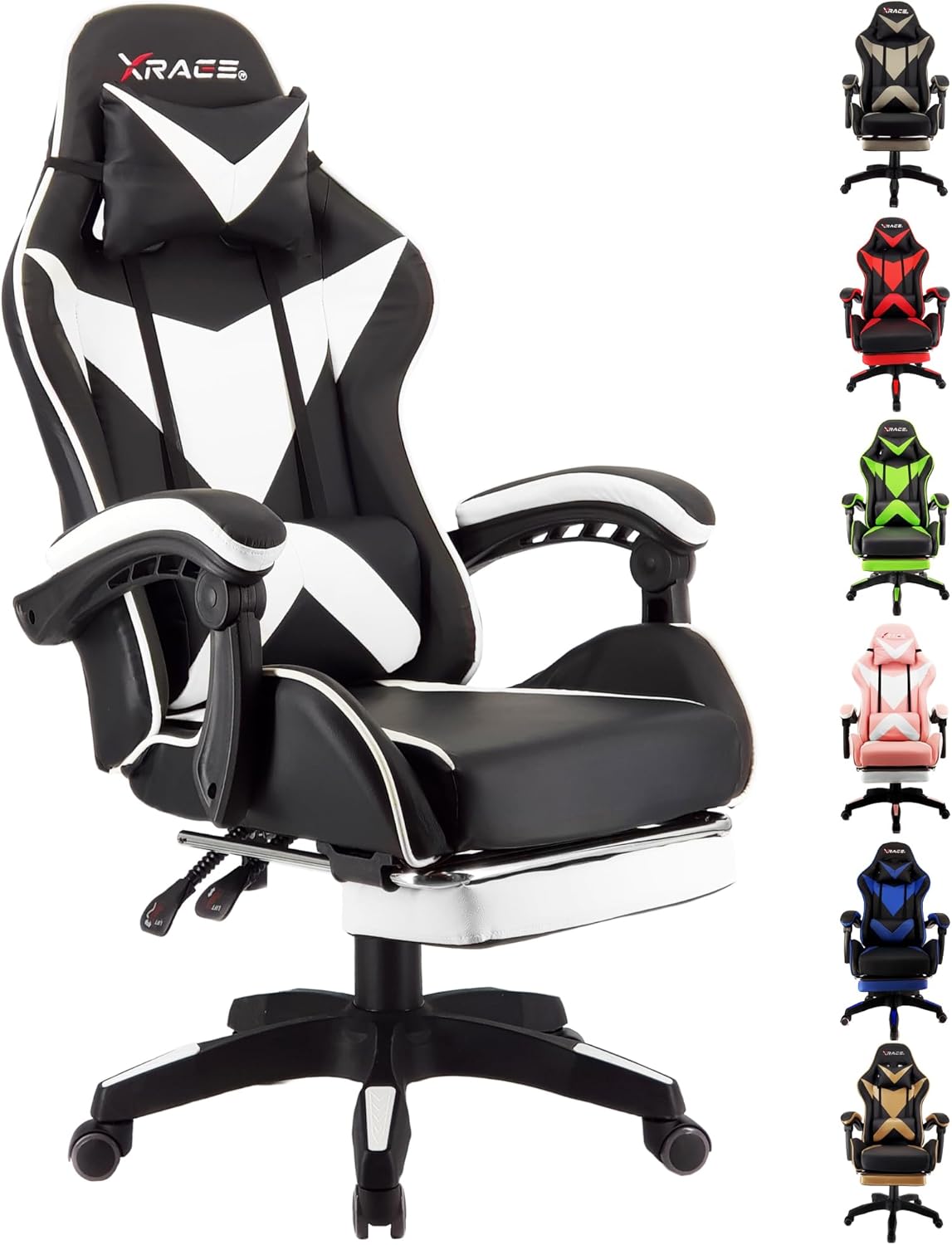Gaming Chairs - xRace Gaming Chair, Office Chair, Ergonomic PC Chair, Leather Gaming Chair with Lumbar Support, Adjustable Rotatable, Task Chairs with Footrest and Headrest, White