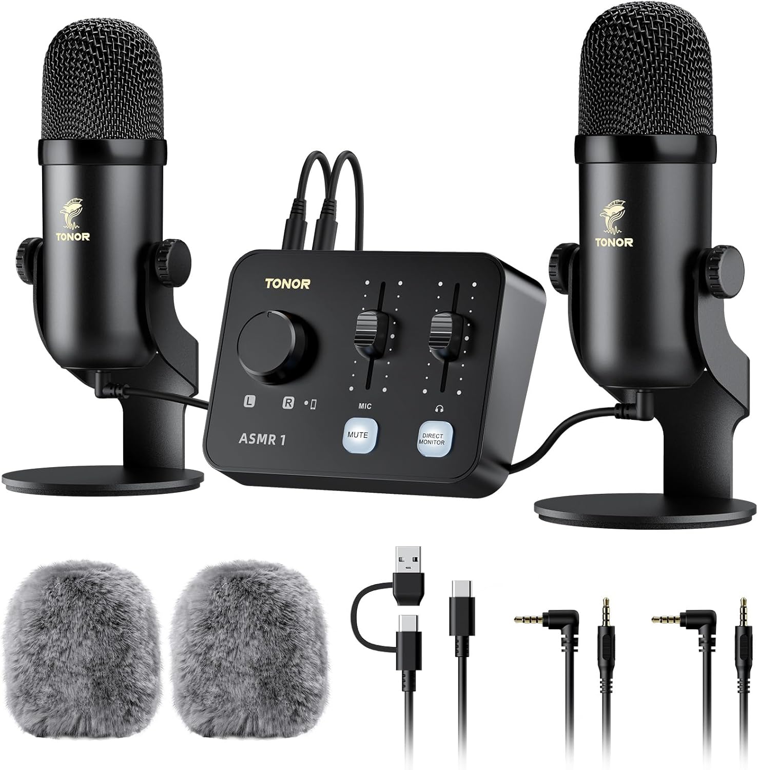 Streaming-Equipment - TONOR Podcast Microphone Set with Audio Interface, ASMR Microphone, 2 Condenser Microphones, Audio Mixer, Volume Control, 3D Stereo Sound, with Fur Wind Protection, USB Microphone for PC/Mobile Phone, Black